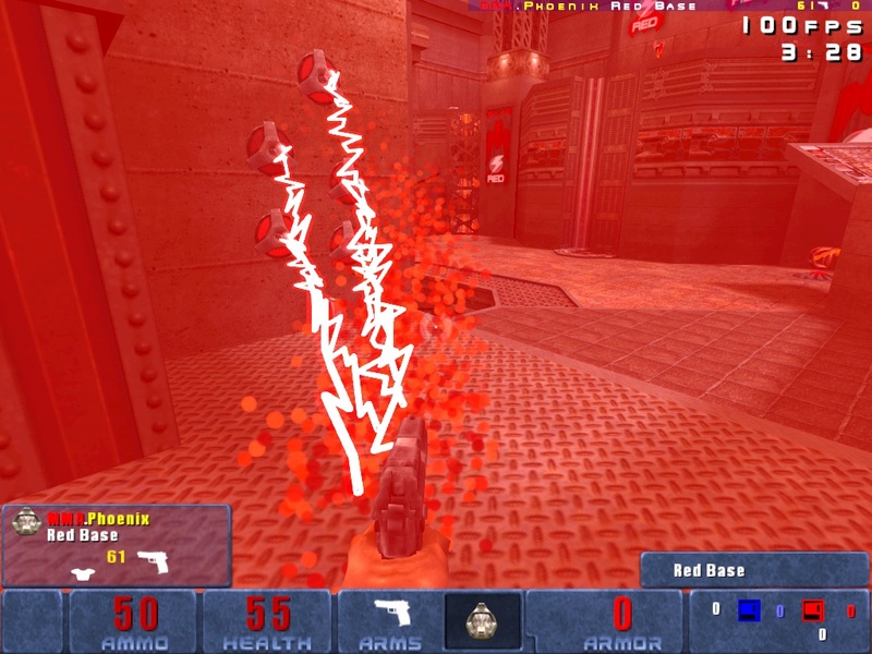 First-person view of what happens when a Blue player gets too close to Red Team's tesla mines.